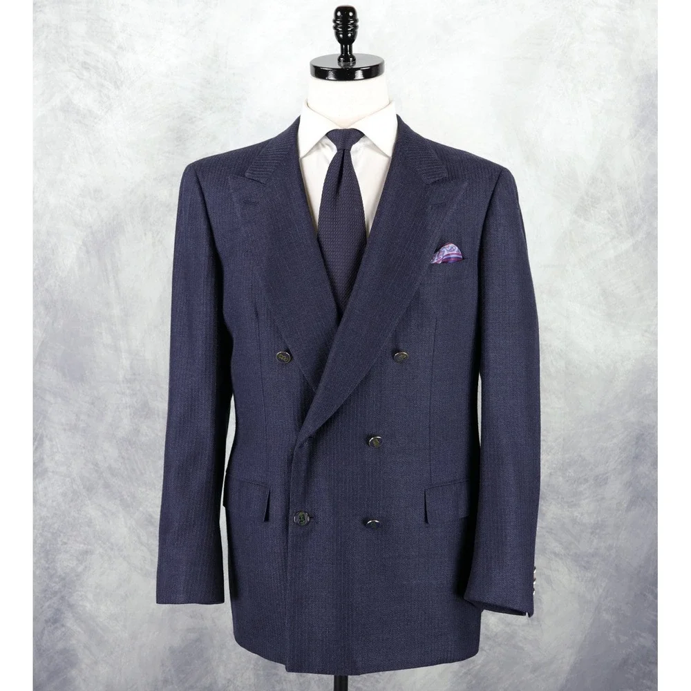 Brioni Blazer Mens 44R Navy Blue Double Breasted Peak Lapel Wool Silk Italy